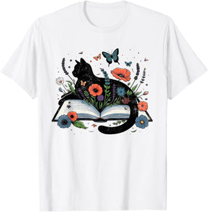 Retro Cute Cat Floral Book Librarian Vintage Floral Cat Book T-Shirt - T-Shirt | White