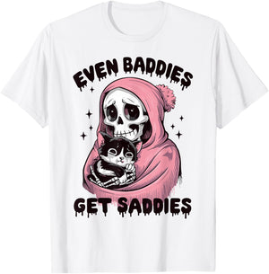 Even Baddies Get Saddies Skull Cat Internet Memes Funny Meme T-Shirt - T-Shirt | White