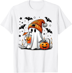 Cute Ghost Drinking Coffee Halloween Ghost Coffee T-Shirt - T-Shirt | White
