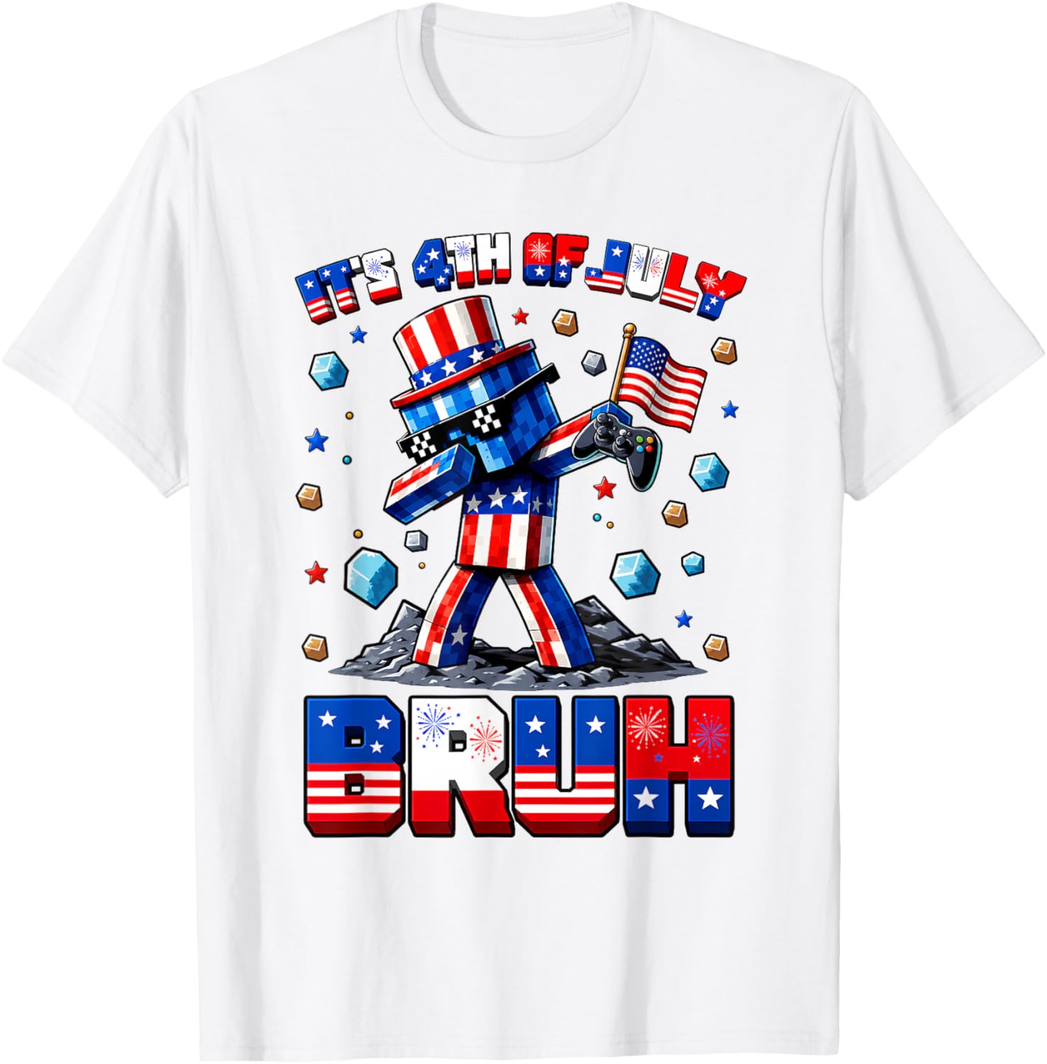 Bruh 4th of July Boys Kids Gaming Gamer USA Flag 4th of July T-Shirt - T-Shirt | White