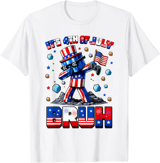 Bruh 4th of July Boys Kids Gaming Gamer USA Flag 4th of July T-Shirt - T-Shirt | White
