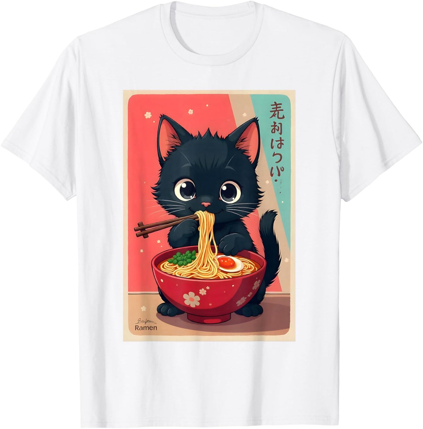 Kitten Eating Japanese Noodles Anime Manga Baby Cat Ramen T-Shirt - T-Shirt | White