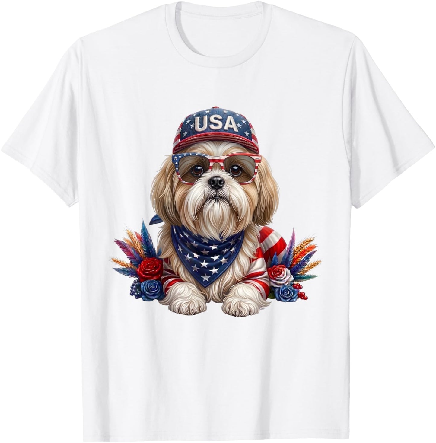 4th of July Shih Tzu American Flag USA Patriotic Dog T-Shirt - T-Shirt | White