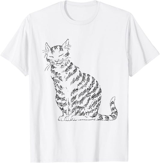 Cute Cat Kitty Playing Music Note Clef Musician Art T-Shirt - T-Shirt | White