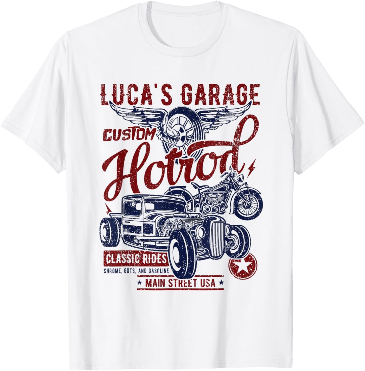 Luca's Garage Hotrod Classic Rides Distressed Design T-Shirt - T-Shirt | White