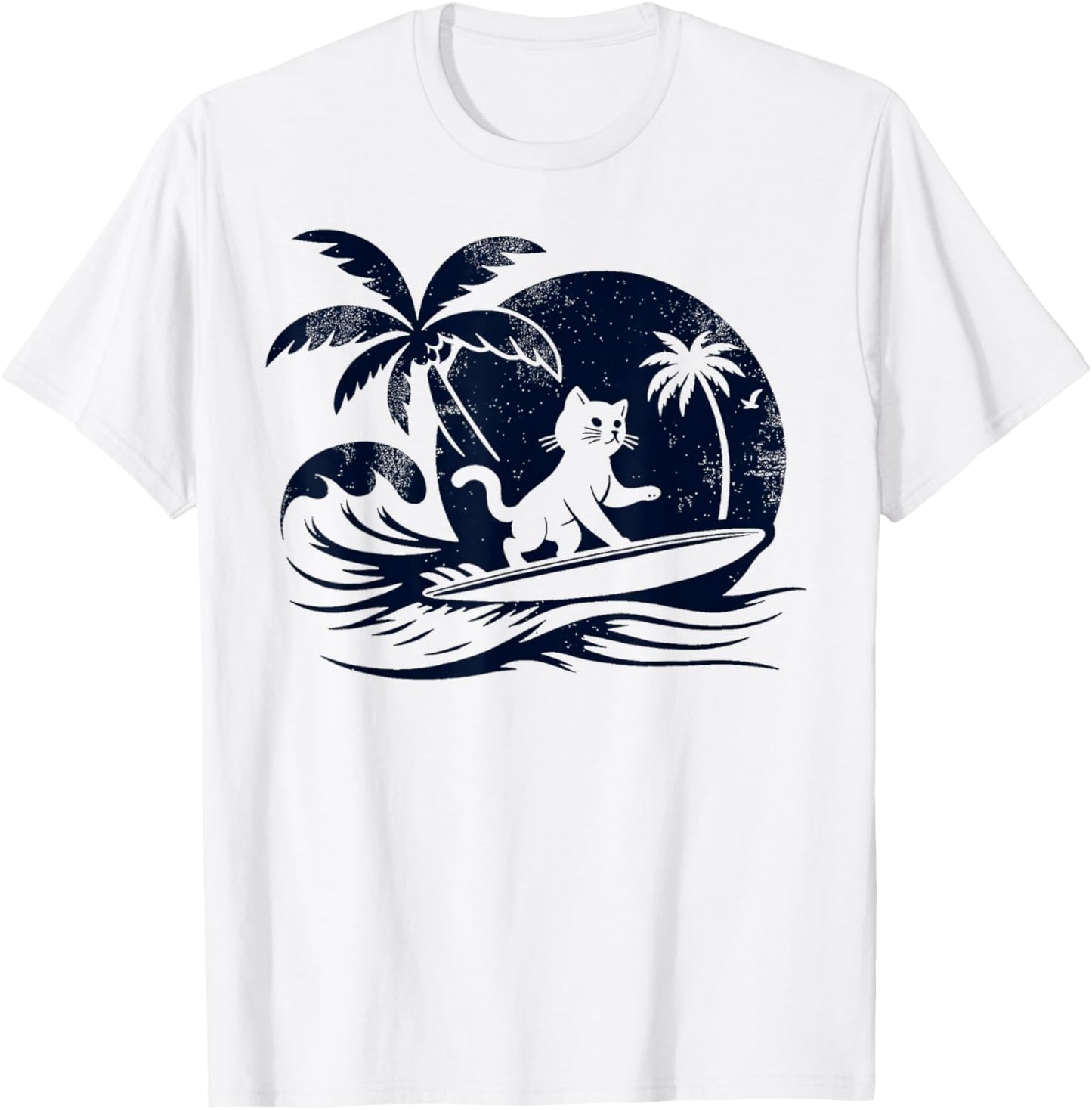 Cat Surfing Wave at Tropical Ocean Vintage Surf T-Shirt - T-Shirt | White