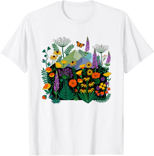 Pressed Botanical Wildflower Collection Lupine Poppy Trail T-Shirt - T-Shirt | White