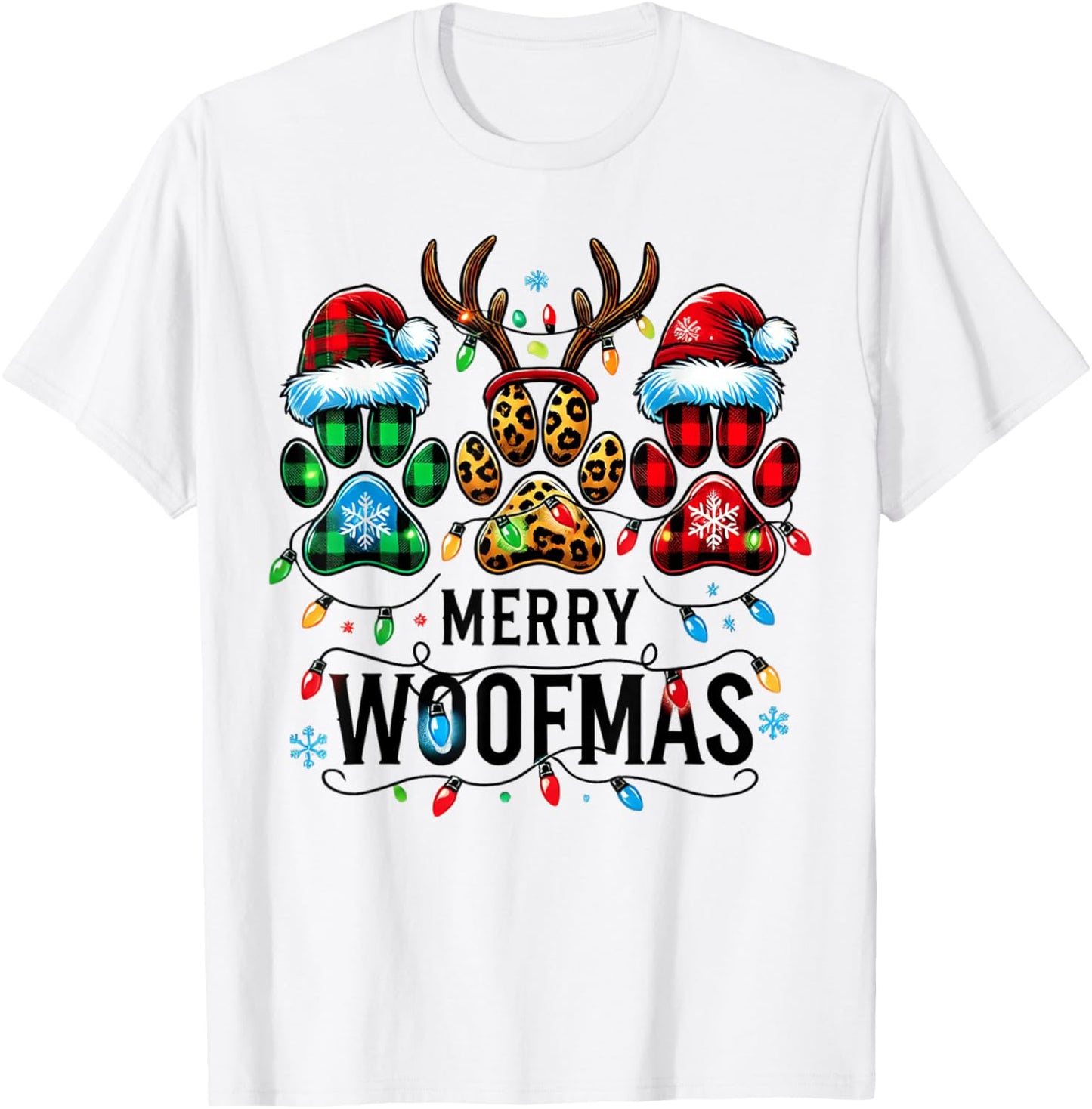 Merry Woofmas Dog Paw Christmas Lights Xmas Reindeer Santa Men Women Kids T-Shirt - T-Shirt | White