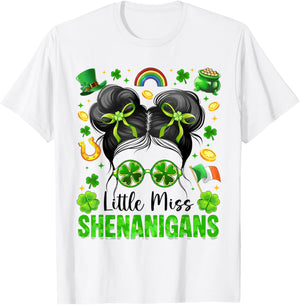 Miss Shenanigans Messy Bun Shamrock St Patrick Day Girl Kids T-Shirt - T-Shirt | White