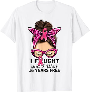 I Fought and I Won 16 Years Free Messy Bun Breast Cancer T-Shirt - T-Shirt | White