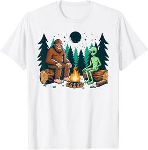 Bigfoot and alien camping sasquatch camp fire T-Shirt - T-Shirt | White