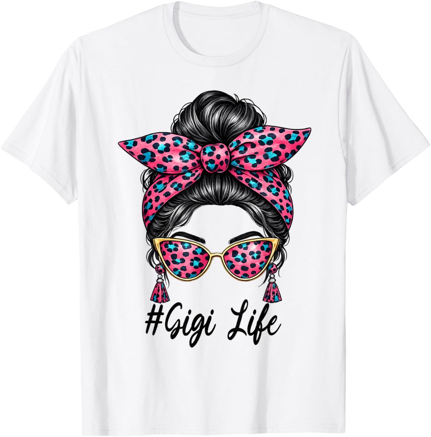 Gigi Life Mother's Day Leopard Messy Bun Mom Women Grandma T-Shirt - T-Shirt | White