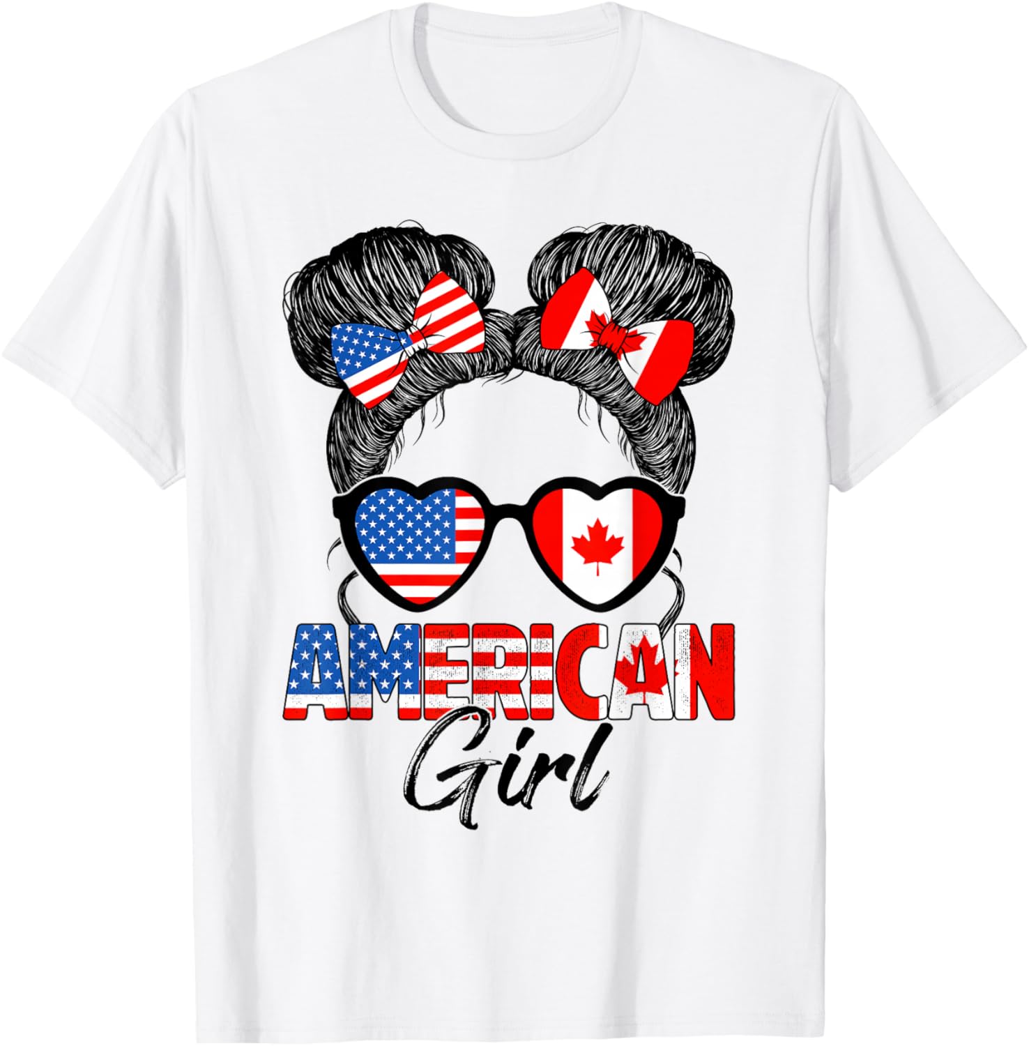 Messy Bun Hair American Canadian Girl Canada Pride Girls T-Shirt - T-Shirt | White