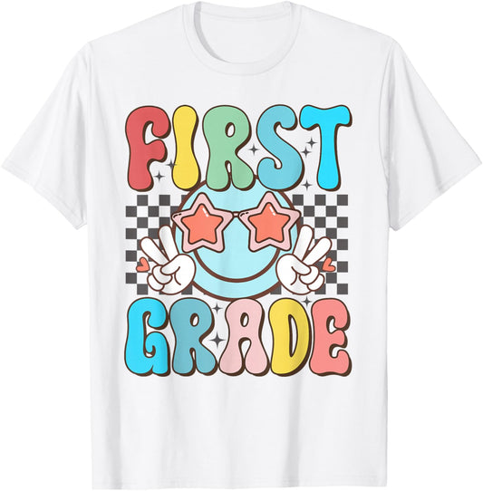 First Grade Retro Groovy Smile Face 1st Grade Teacher Women T-Shirt - T-Shirt | White