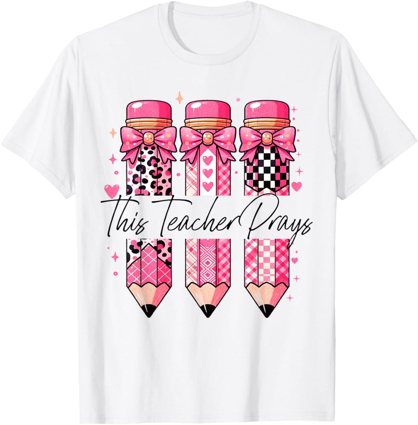 Christian This Teacher Prays Cute Pink Coquette Bow Popular T-Shirt - T-Shirt | White