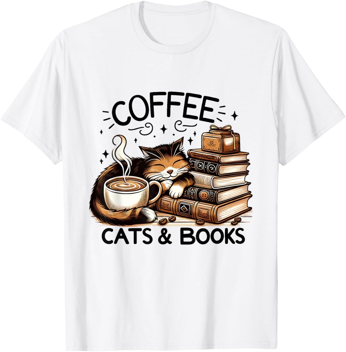 Funny Cute Coffee Cats Books Lover Gift Women Men Kids T-Shirt - T-Shirt | White