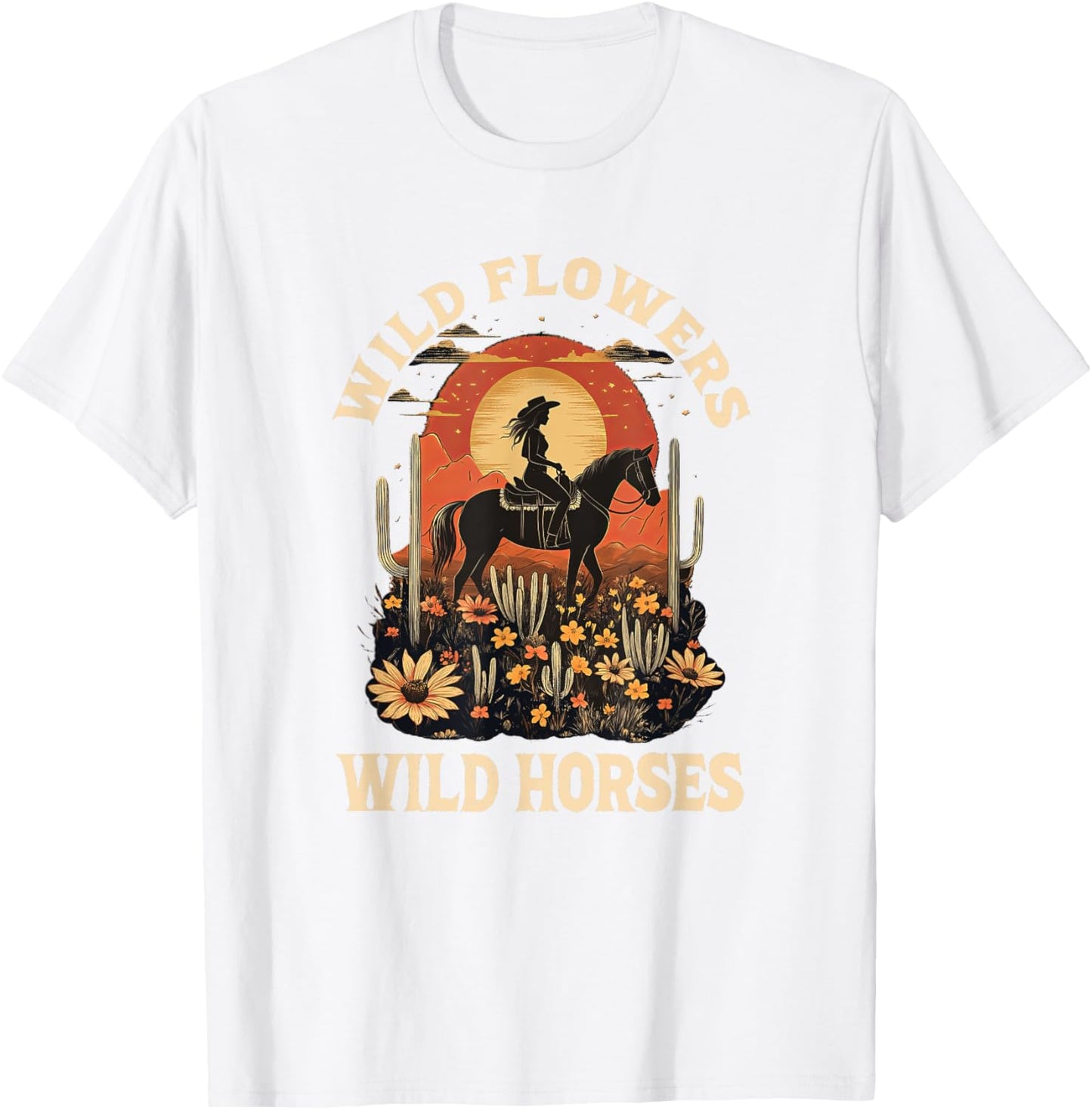 Western Sunset Cowgirl Riding Horse Wild Flowers Wild Horses T-Shirt - T-Shirt | White