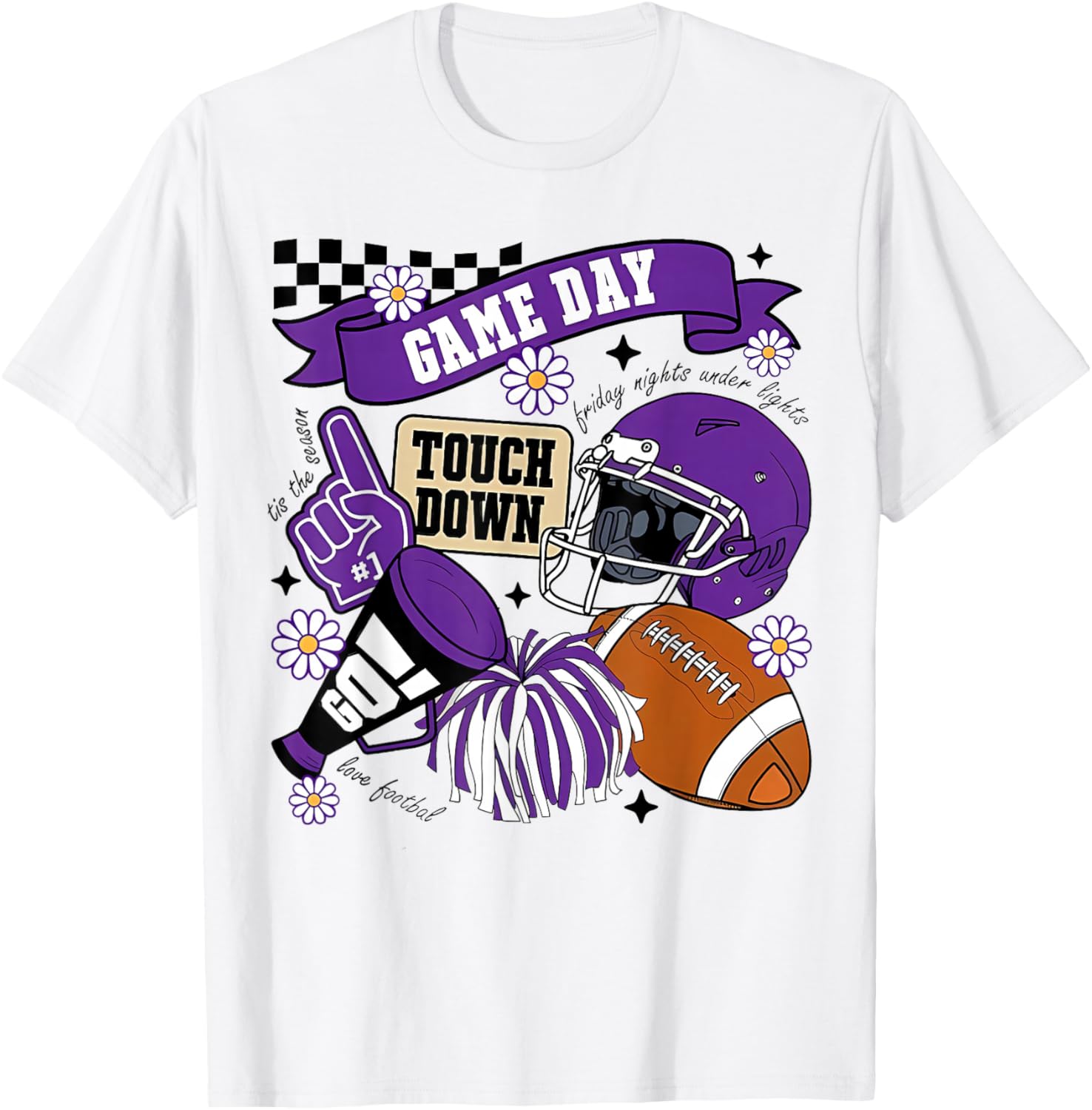 Purple Game Day Touchdown Football Lover Women Mom Men Kids T-Shirt - T-Shirt | White