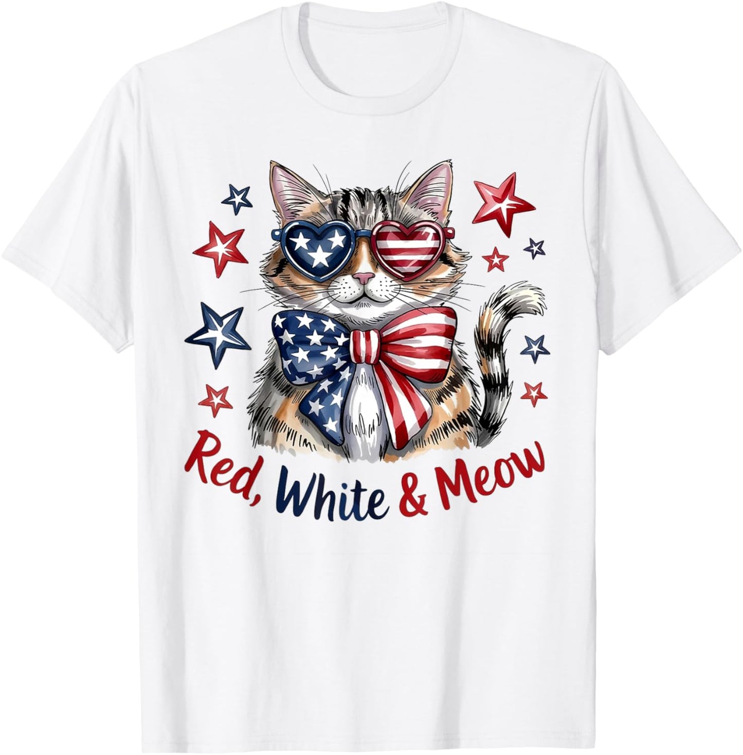 Red White and Meow Patriotic Cat American Flag 4th of July T-Shirt - T-Shirt | White