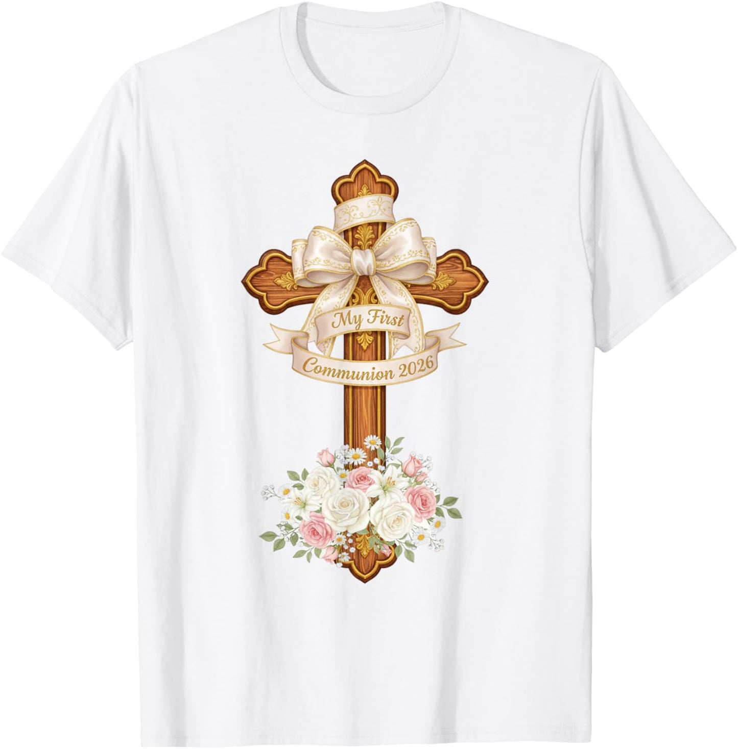 My First Communion 2026 Girls Coquette Bow Eucharist T-Shirt - T-Shirt | White