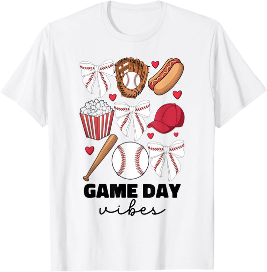 Game Day Vibes Coquette Bow Baseball Mom Women Girl Baseball T-Shirt - T-Shirt | White