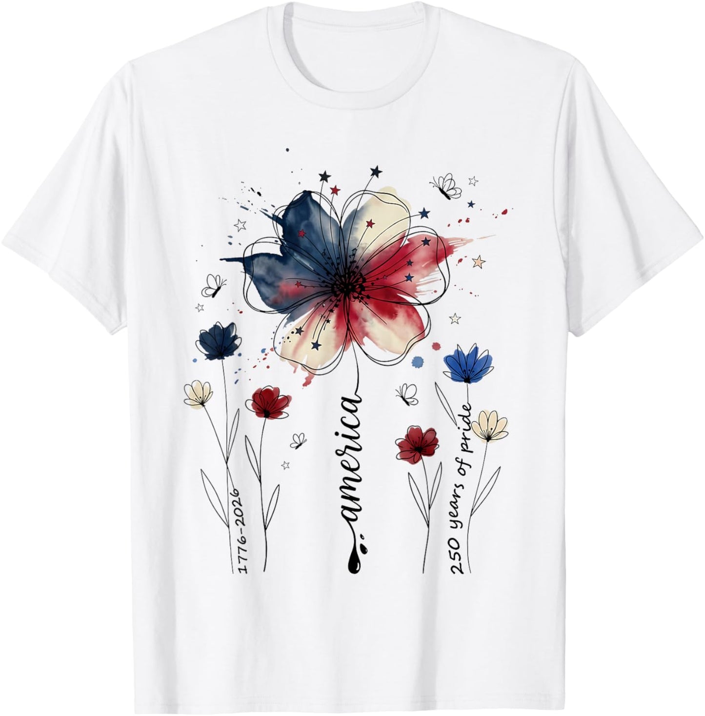 250 Years Pride American Flag Flower Doodle USA Girls Women T-Shirt - T-Shirt | White