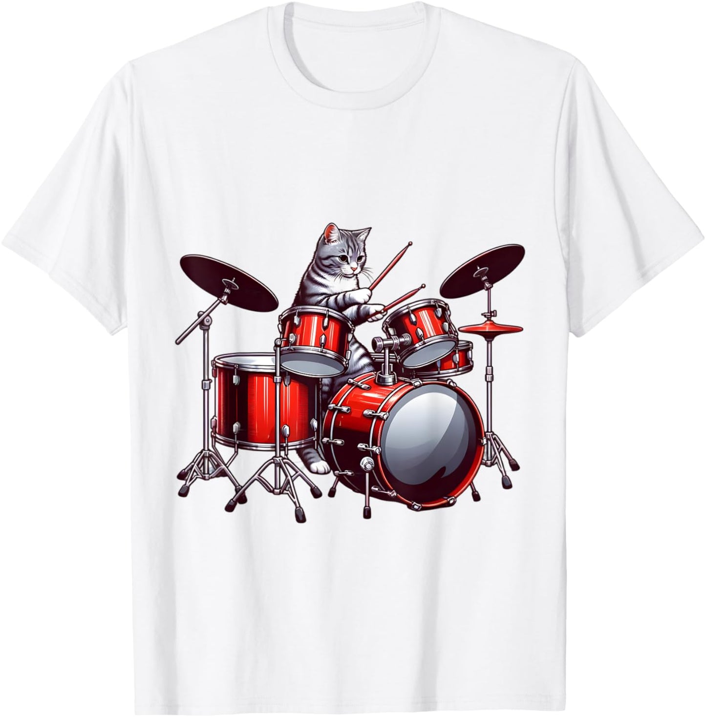 Cat Playing Drums Funny Percussionist Drummer Cat Graphic T-Shirt - T-Shirt | White