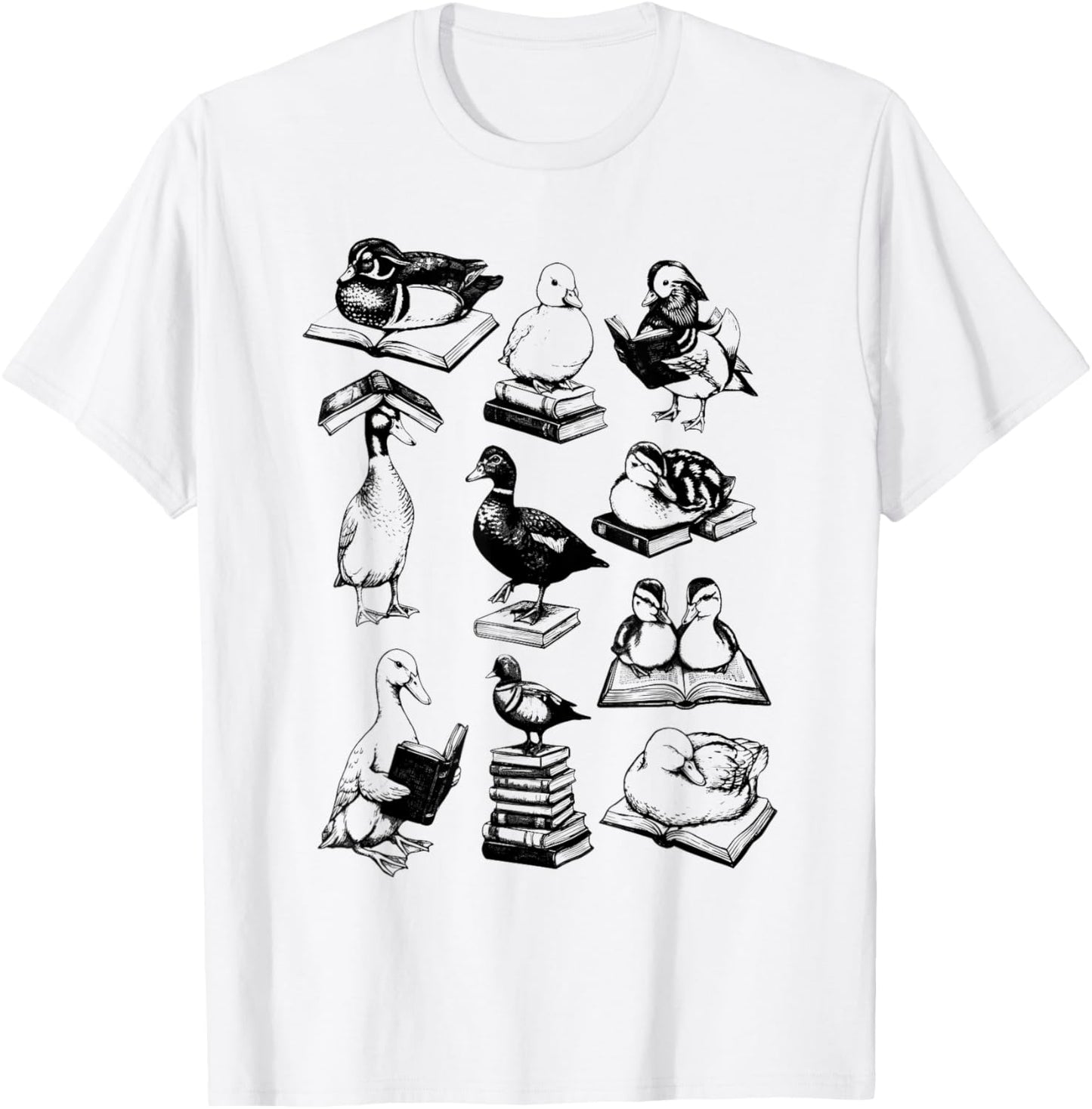 Retro Reading Ducks Graphic Sketch Ducks Bookworm Nerd T-Shirt - T-Shirt | White