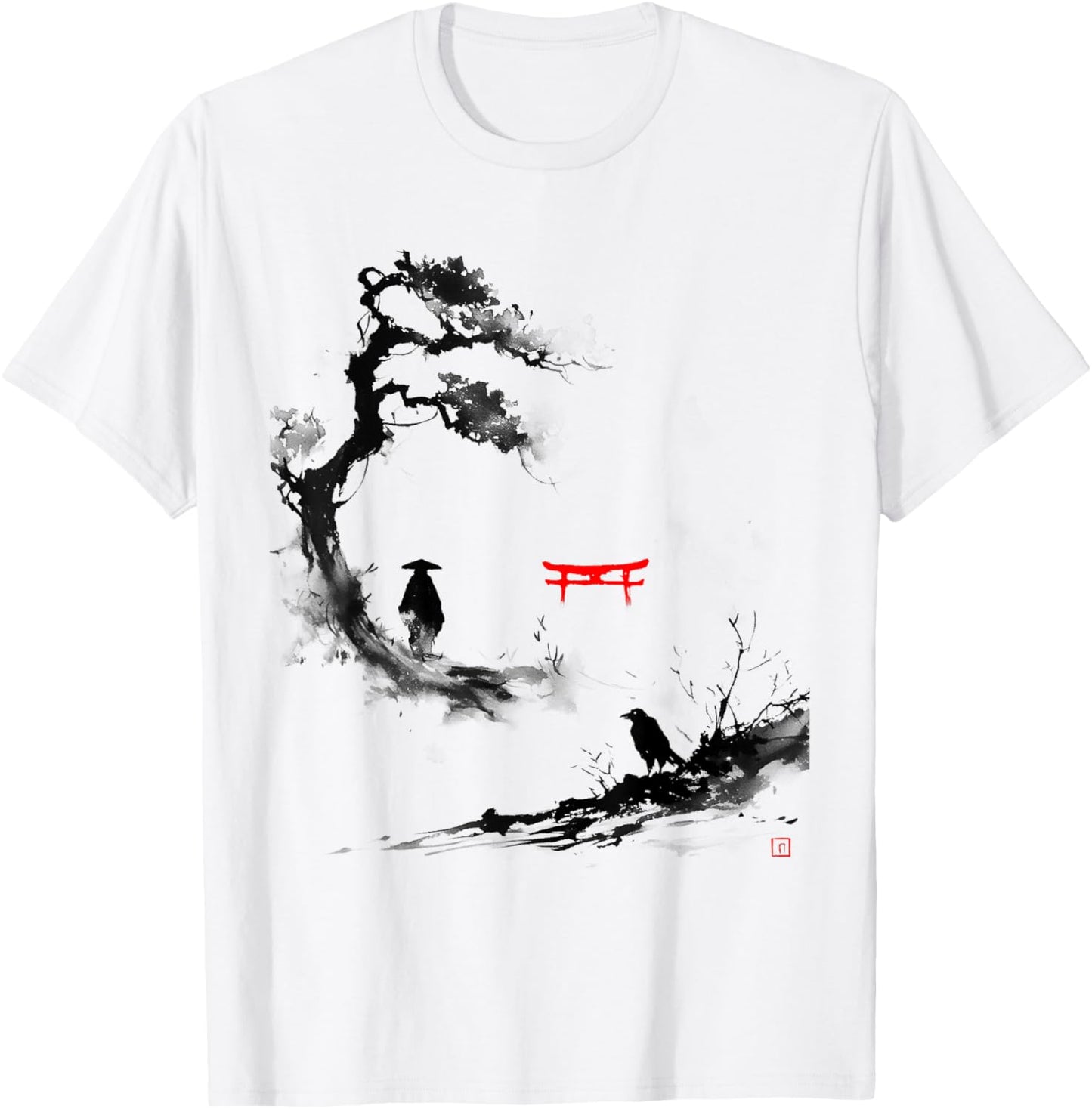 Samurai Zen Ink Art Japan Minimalism Raven Torii , White, S T-Shirt - T-Shirt | White