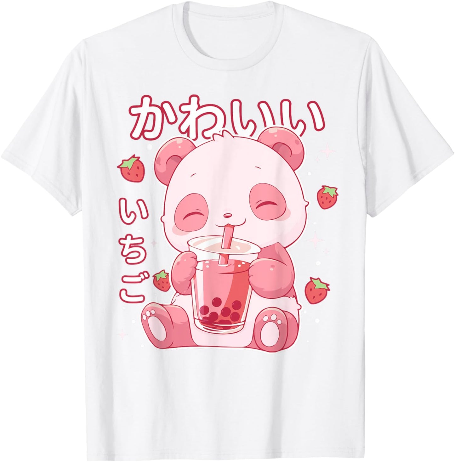 Kawaii Panda Strawberry Boba Milk Japanese Anime aesthetic T-Shirt - T-Shirt | White