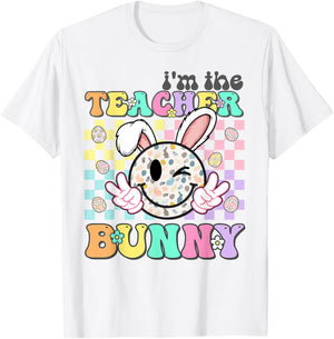 Groovy Smile Face I'm The Teacher Bunny Nurse Easter Day T-Shirt - T-Shirt | White