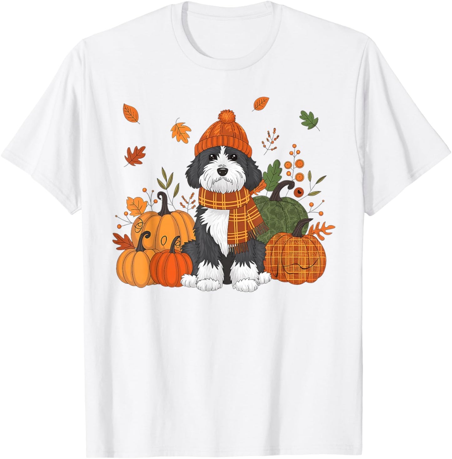 Bernedoodle Thanksgiving Leopard Pumpkins Fall Leaves Lover T-Shirt - T-Shirt | White