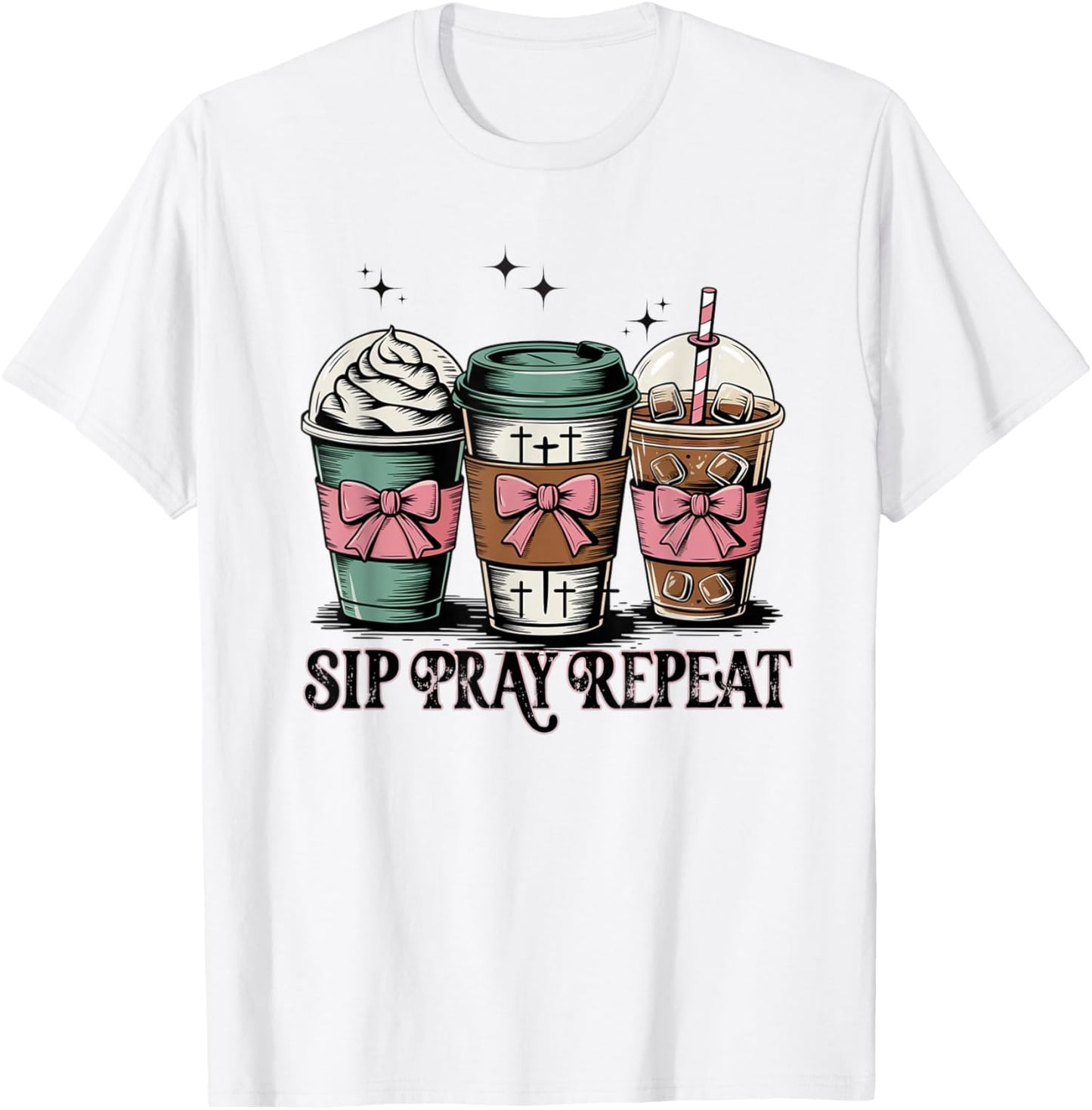 Coffee Sip Pray Repeat Iced Coffee Lover Christian T-Shirt - T-Shirt | White