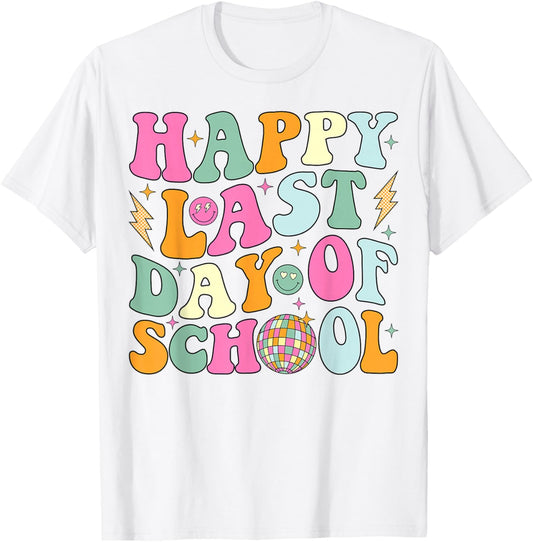 Happy Last Day Of School Groovy Teacher Student Graduation T-Shirt - T-Shirt | White