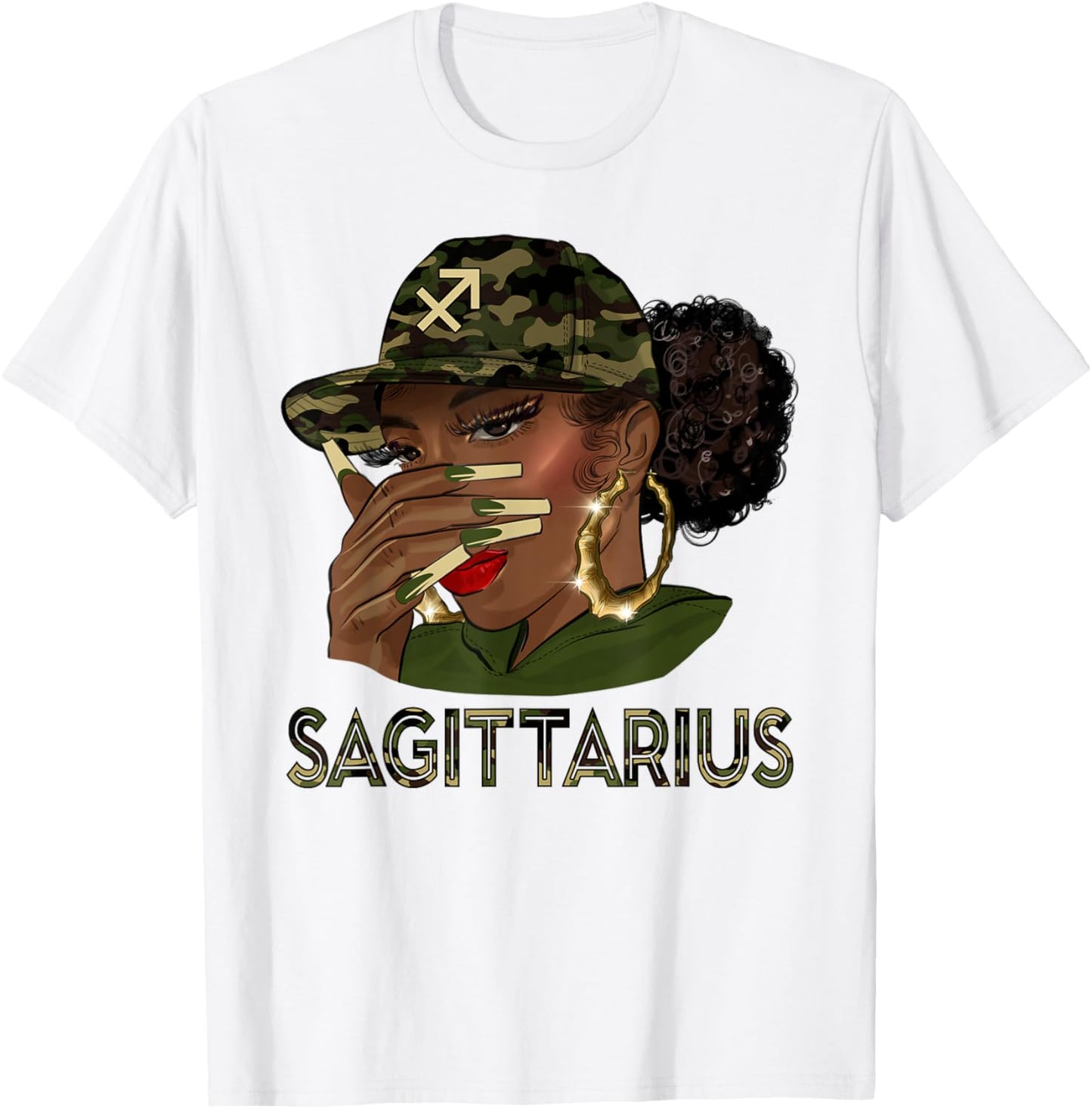 Sagittarius Queen Black Girl With Cap Camo Afro Woman Zodiac T-Shirt - T-Shirt | White