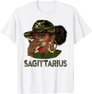 Sagittarius Queen Black Girl With Cap Camo Afro Woman Zodiac T-Shirt - T-Shirt | White