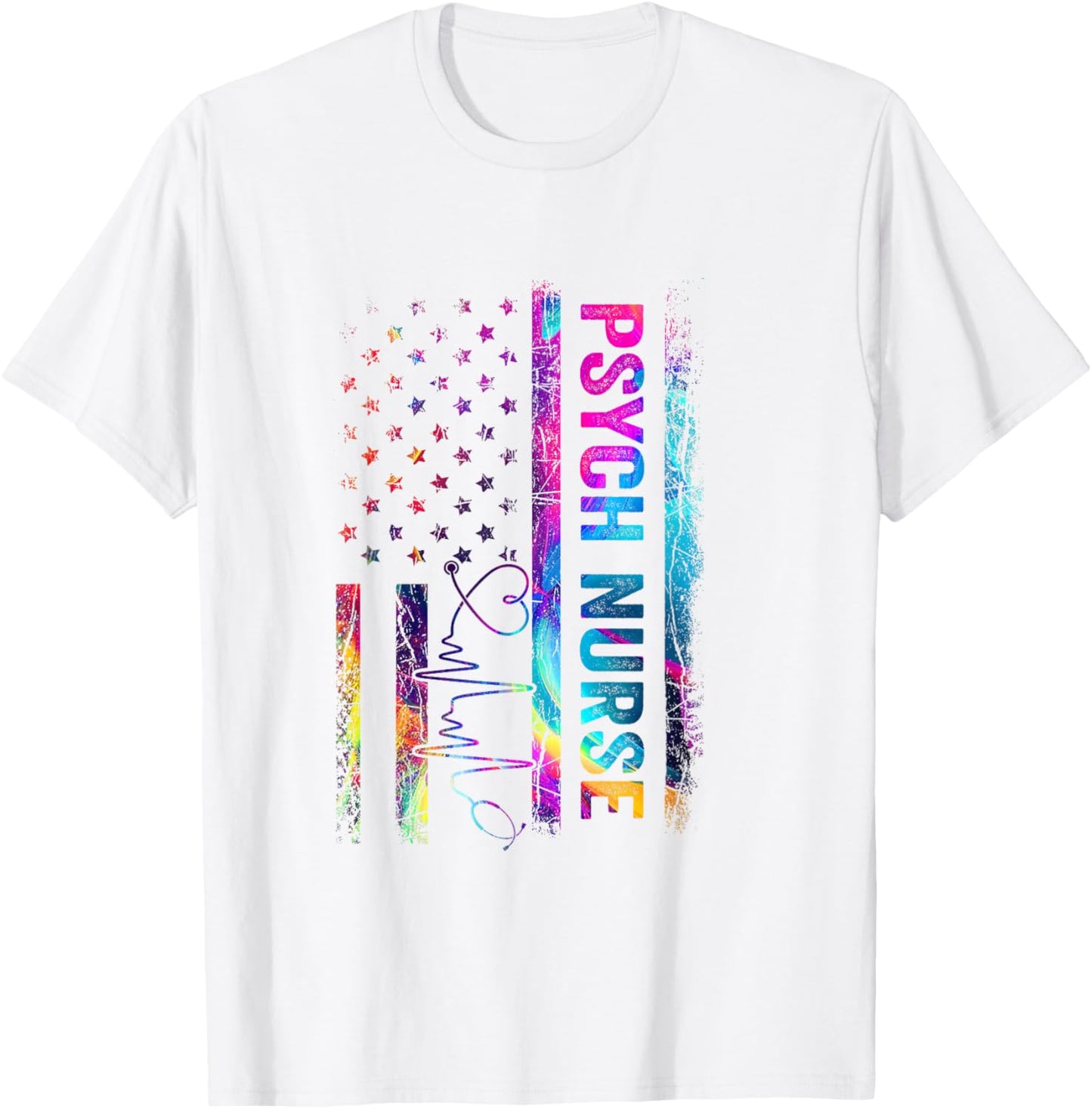 Psych Nurse Tie Dye American Flag Patriotic Nurse Day T-Shirt - T-Shirt | White