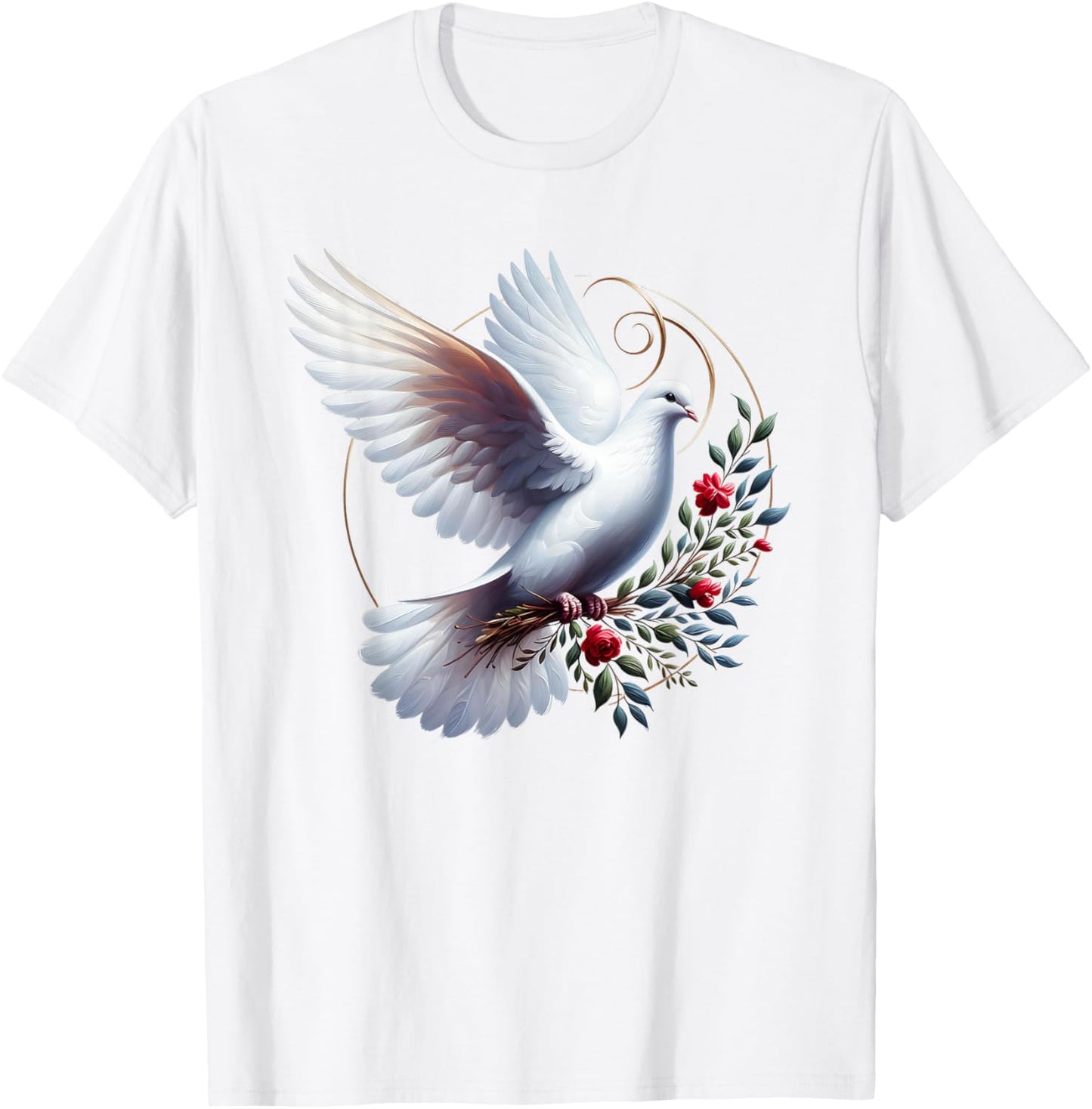 Elegant Flight of the Peaceful White Dove Bird Floral Art T-Shirt - T-Shirt | White