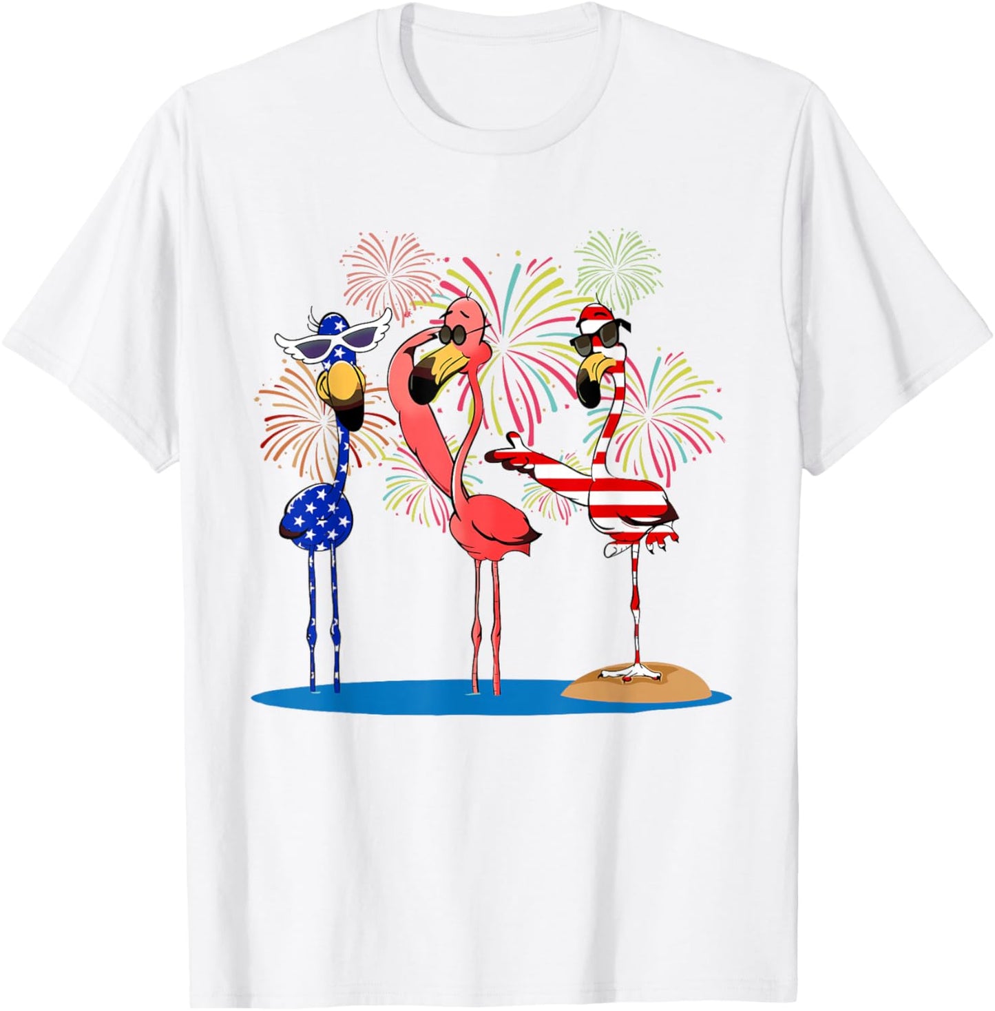 Flamingos And Fireworks Red White Blue 4th Of July American T-Shirt - T-Shirt | White