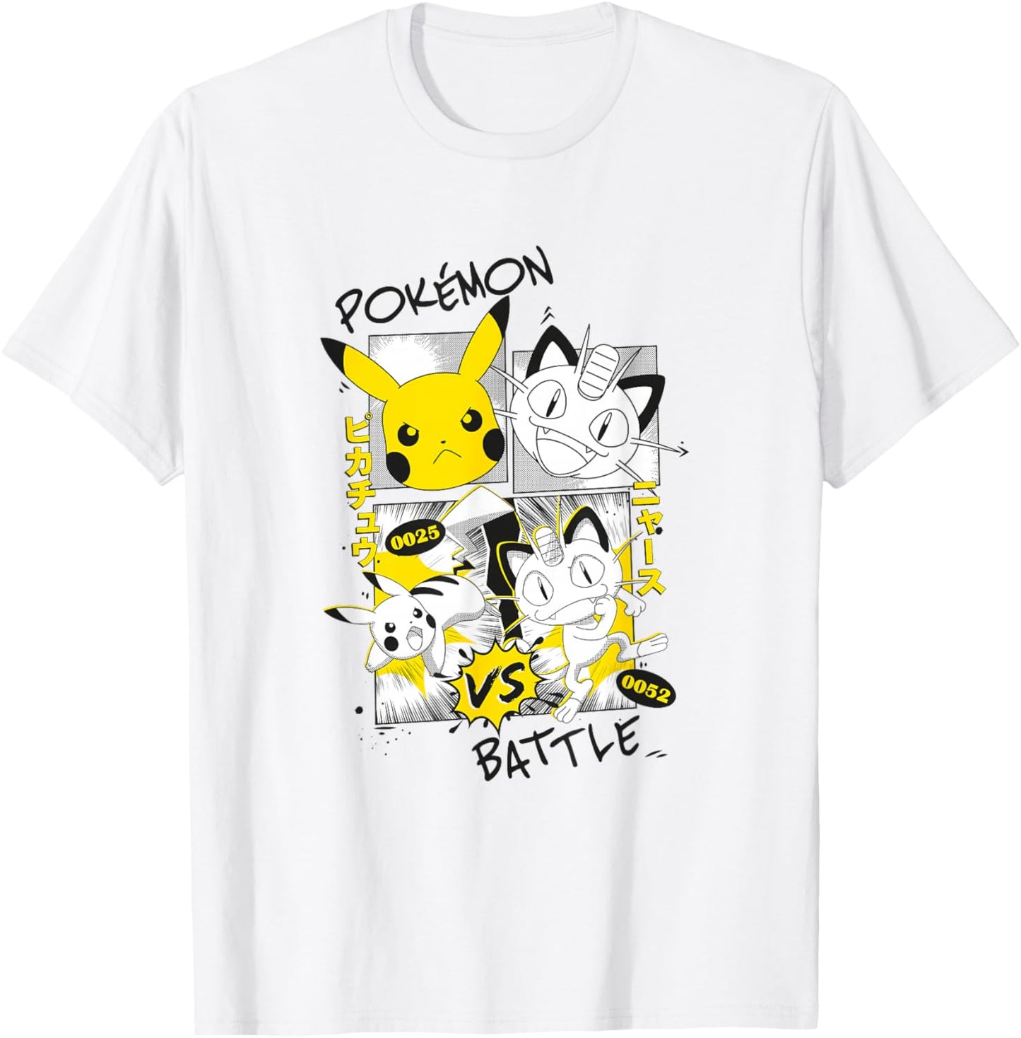 Pokémon Pikachu Vs Meowth Retro Panels Kanji Big Chest T-Shirt - T-Shirt | White