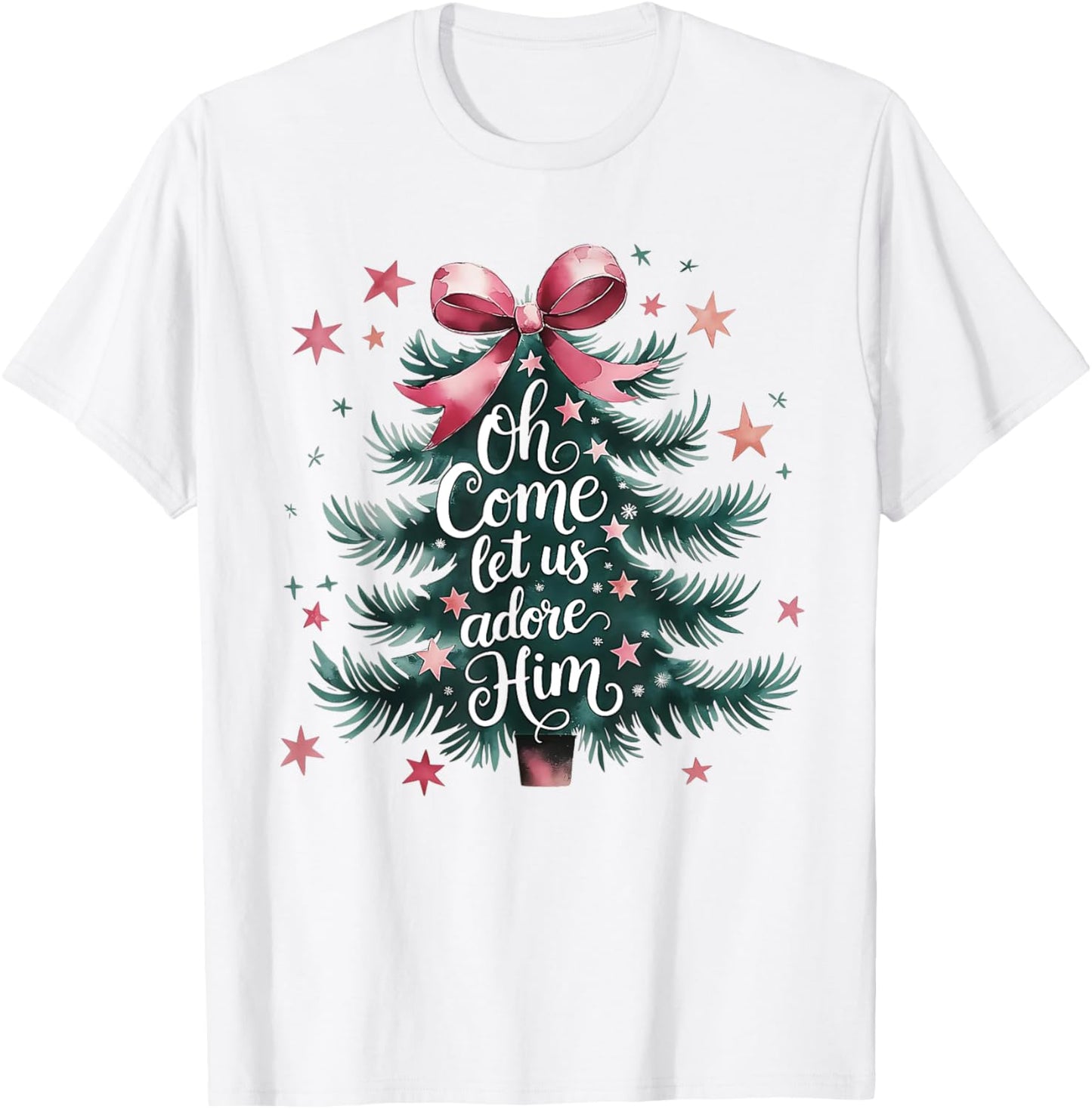 Oh Come Let Us Adore Him Christmas Tree T-Shirt - T-Shirt | White