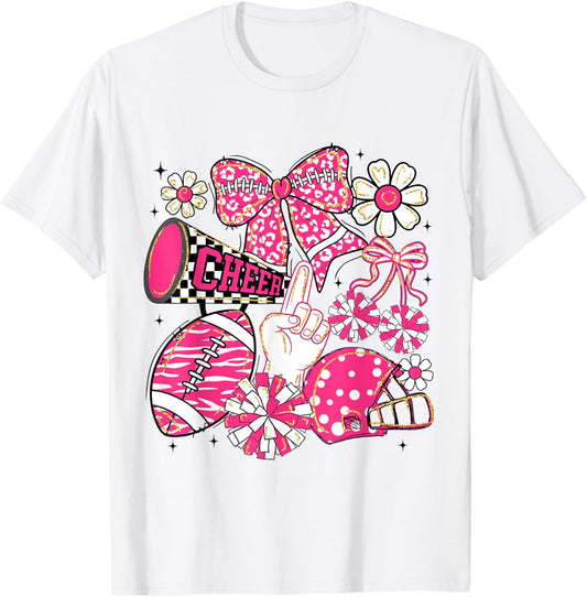 Coquette Bow Cheer Floral Football Game Day Cheerleading T-Shirt - T-Shirt | White