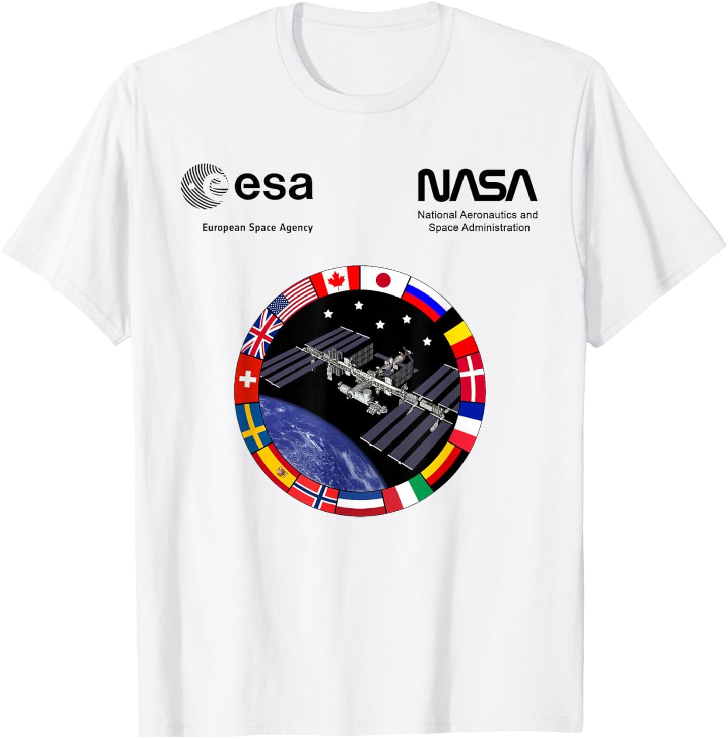 NASA Worm and ESA Logo ISS International Space Station T-Shirt - T-Shirt | White