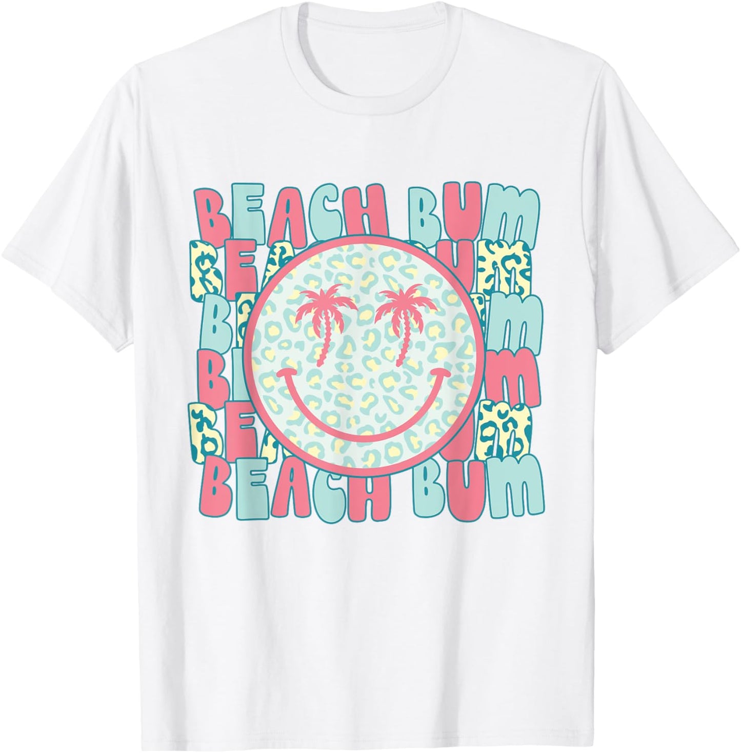 Retro Leopard Happy Face Palm Tree Eyes Beach Bum Smile Face T-Shirt - T-Shirt | White