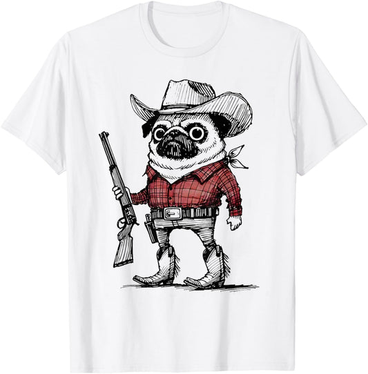 Cowboy Pug Dog Funny Western Outfit Red Pug Cowboy Meme T-Shirt - T-Shirt | White