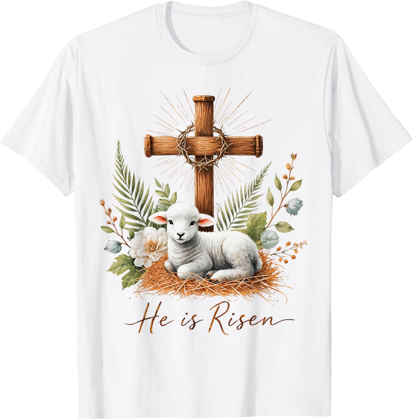 True Easter He is Risen Lamb Crown of Thorn Cross Palm Jesus T-Shirt - T-Shirt | White