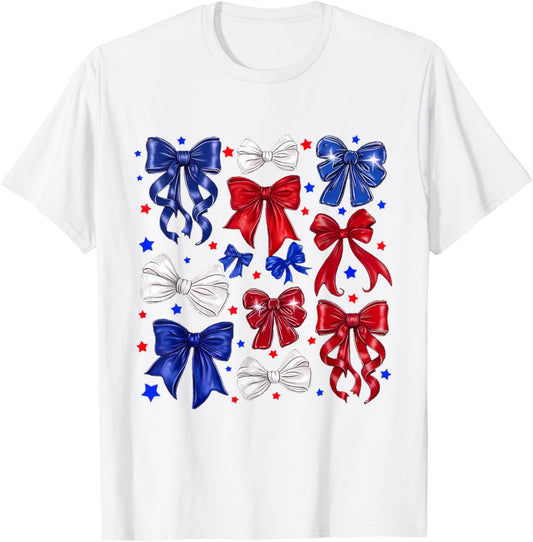 Coquette Red White & Blue Patriotic Bows Retro July 4th T-Shirt - T-Shirt | White