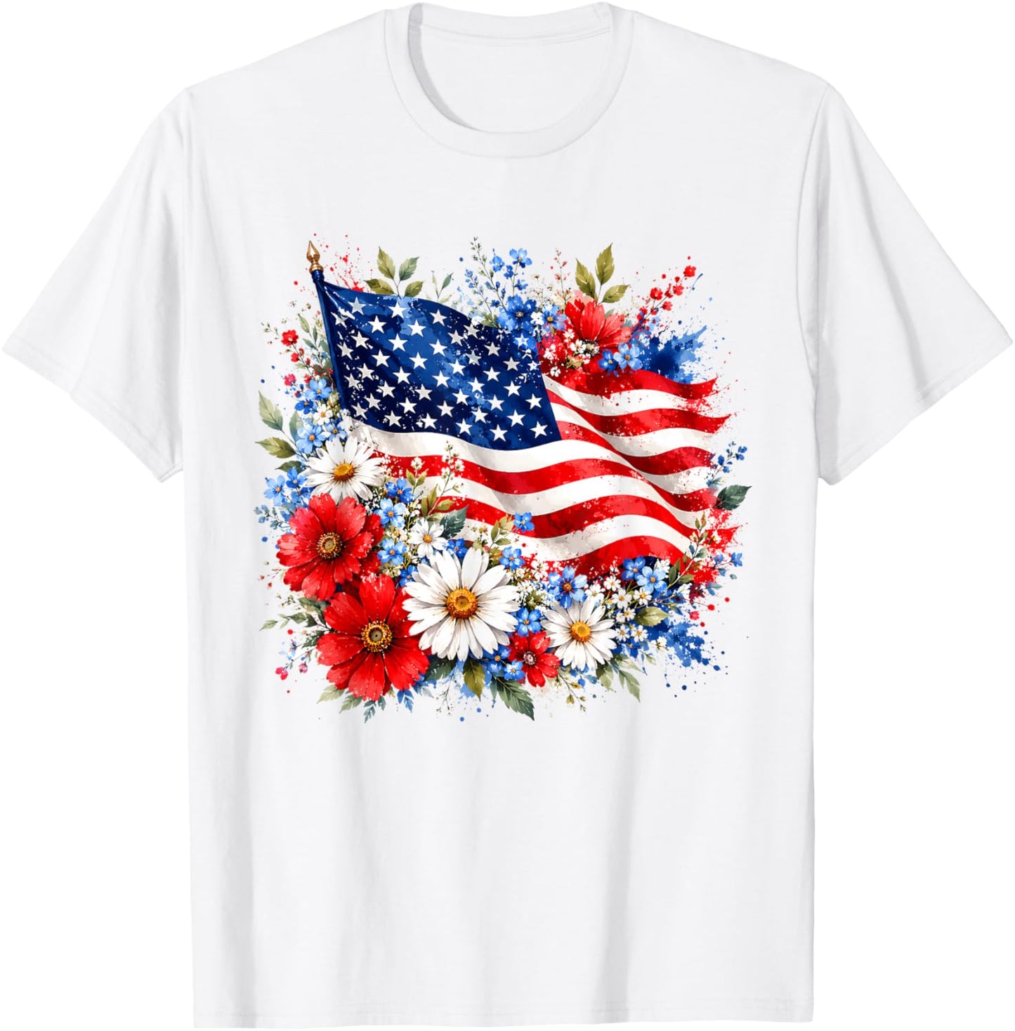 Floral American Flag Wildflowers Patriotic 4th of July Women T-Shirt - T-Shirt | White