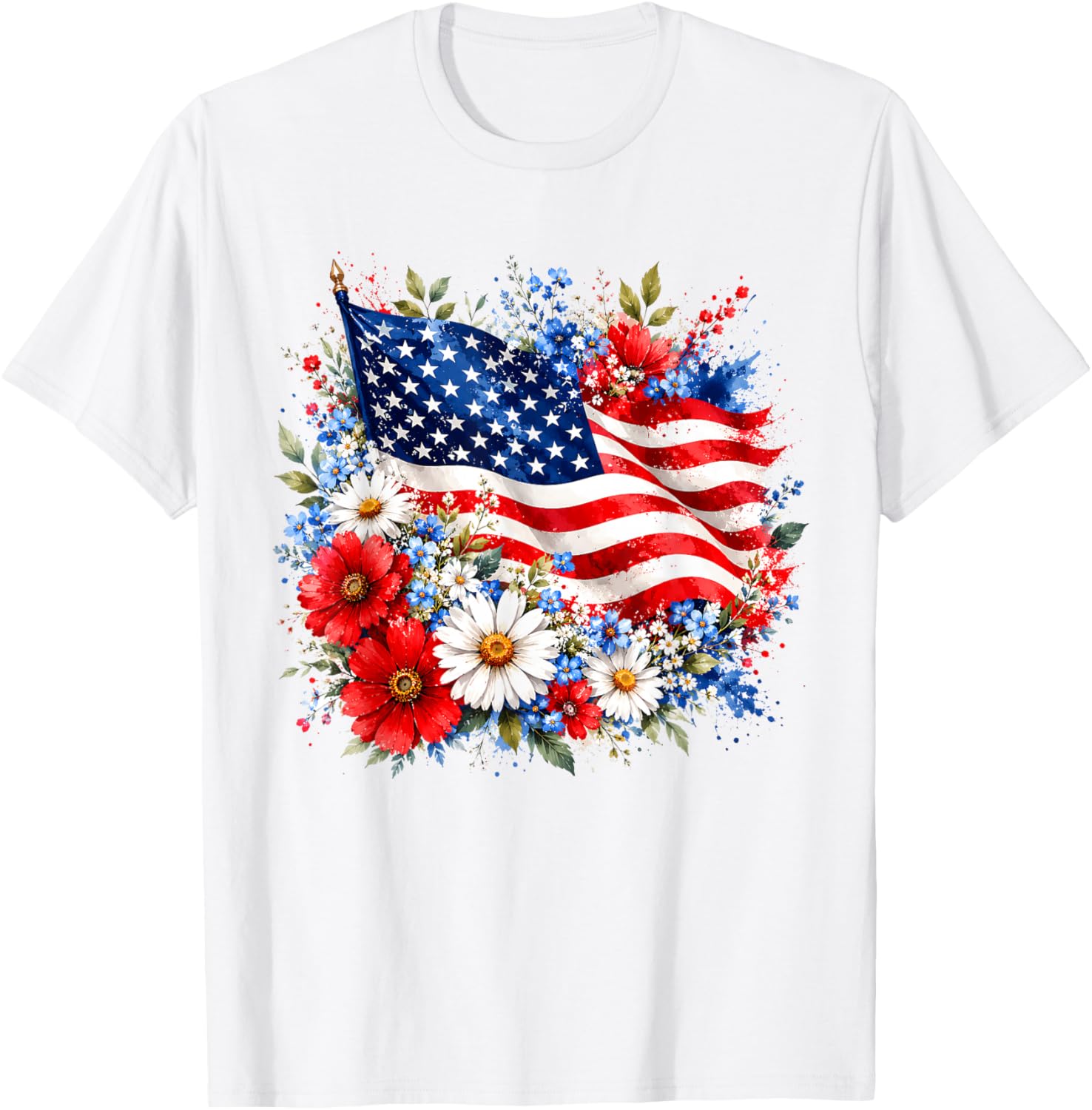 Floral American Flag Wildflowers Patriotic 4th of July Women T-Shirt - T-Shirt | White