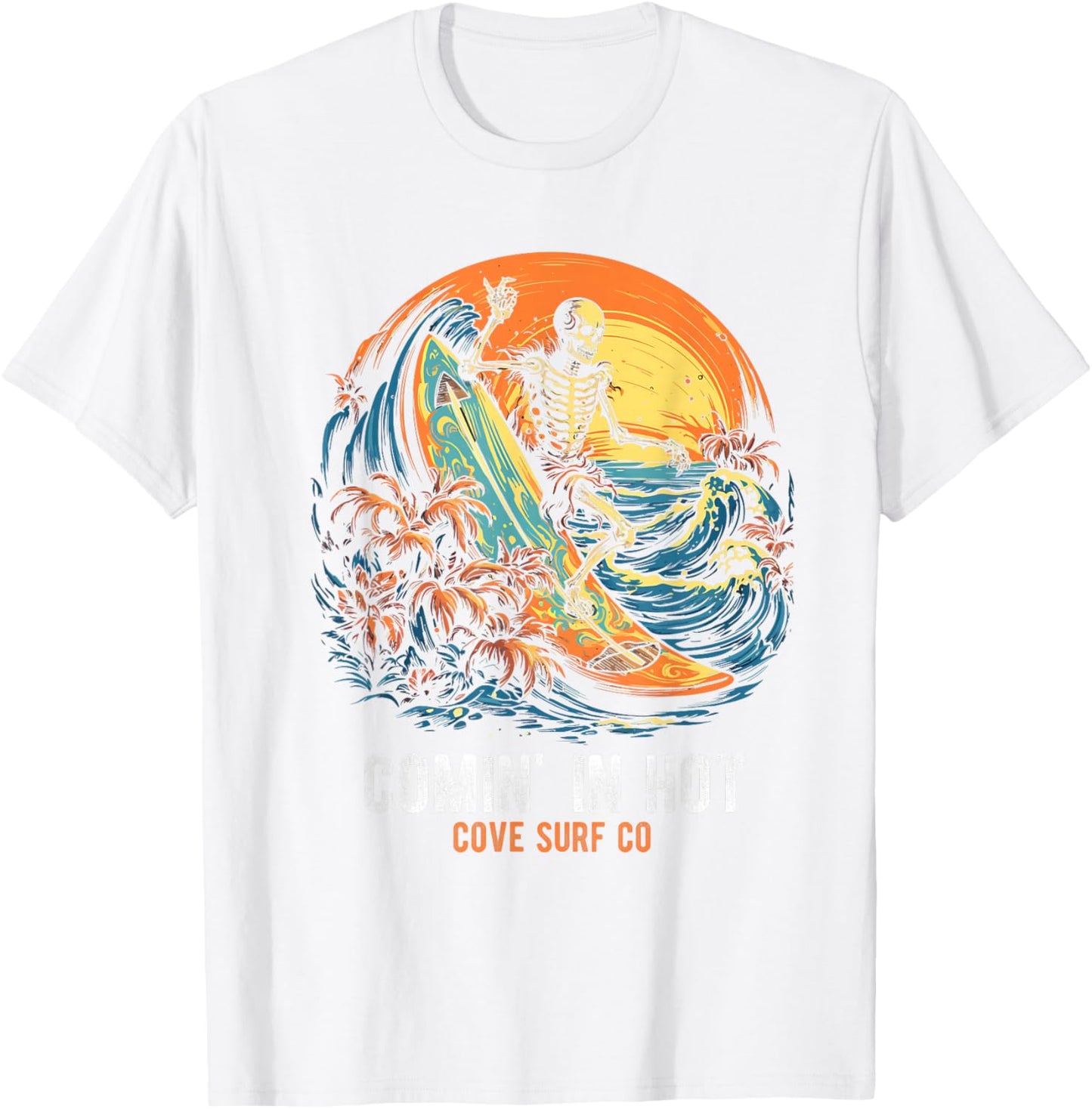 COMIN' IN HOT COVE SURF CO Surfing Skeleton T-Shirt - T-Shirt | White